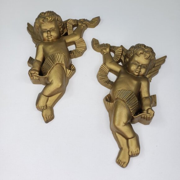 Vintage Retro Gold Angels Cherub Wall Plaque Burwood Product Co 2020-1 & 2020-2 - Picture 1 of 10